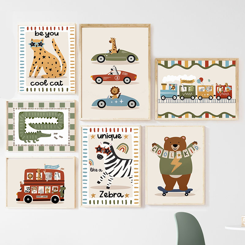 Baby Zebra Nursery - Lustige Cartoon-Tiere Auto Bus Kinderzimmer Wandkunst