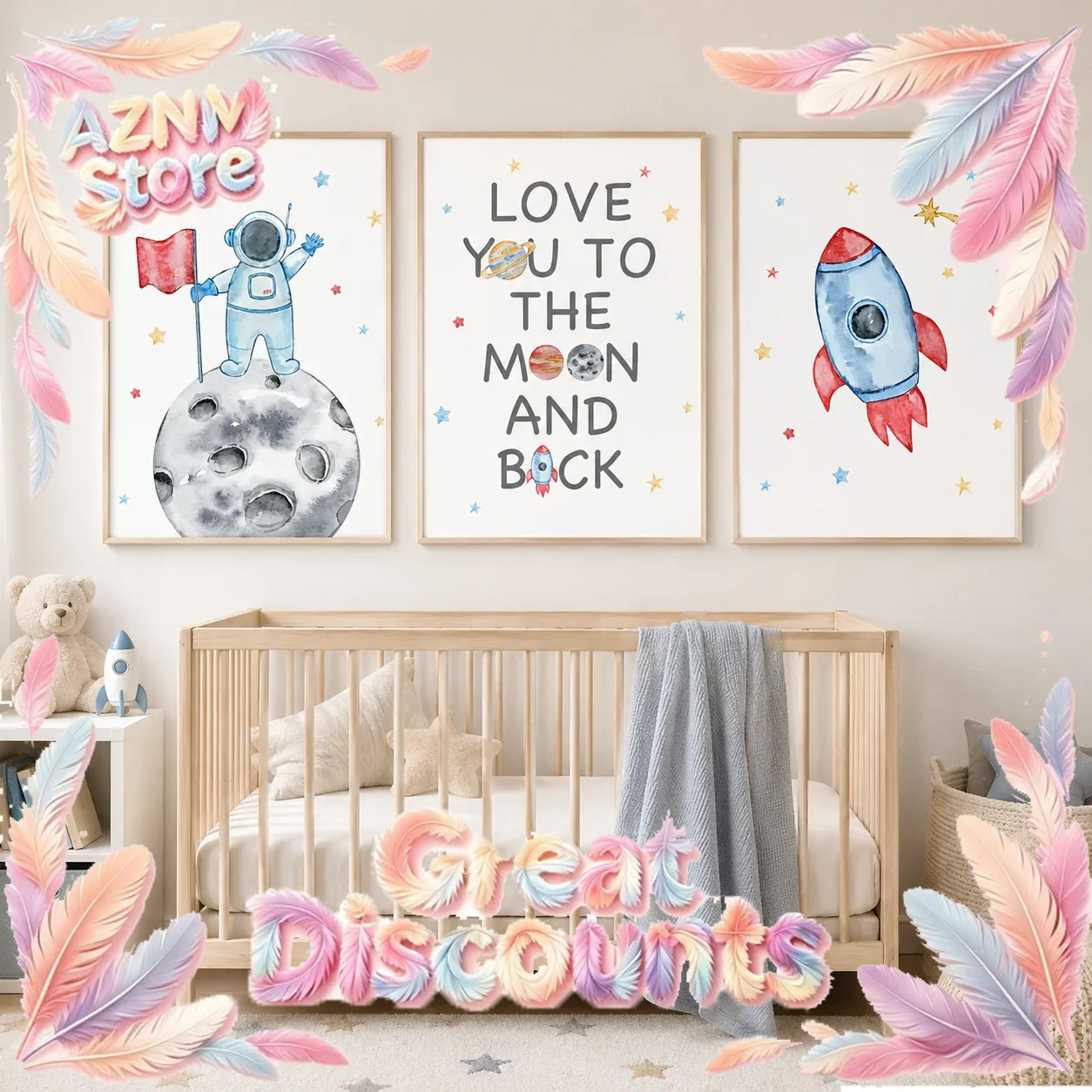 Baby Boy Nursery Quotes - Kinderzimmer-Wandkunst Weltraum-Astronaut Zitate Leinwandbild Nordisches Raketen-Poster