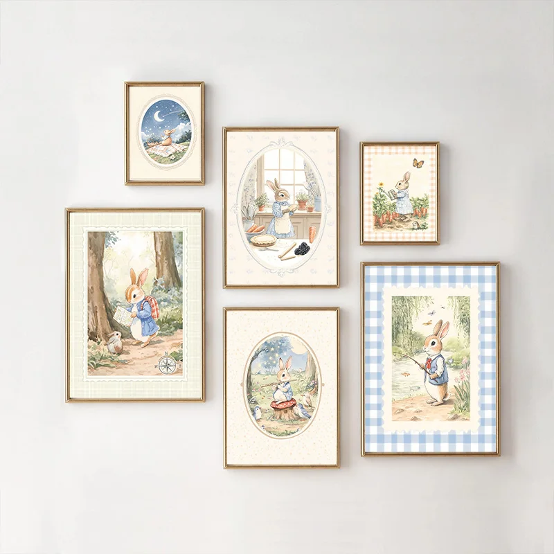 Baby Nursery Vintage - Vintage Boho Blau Kariertes Hasen-Inspiriertes Kunstposter