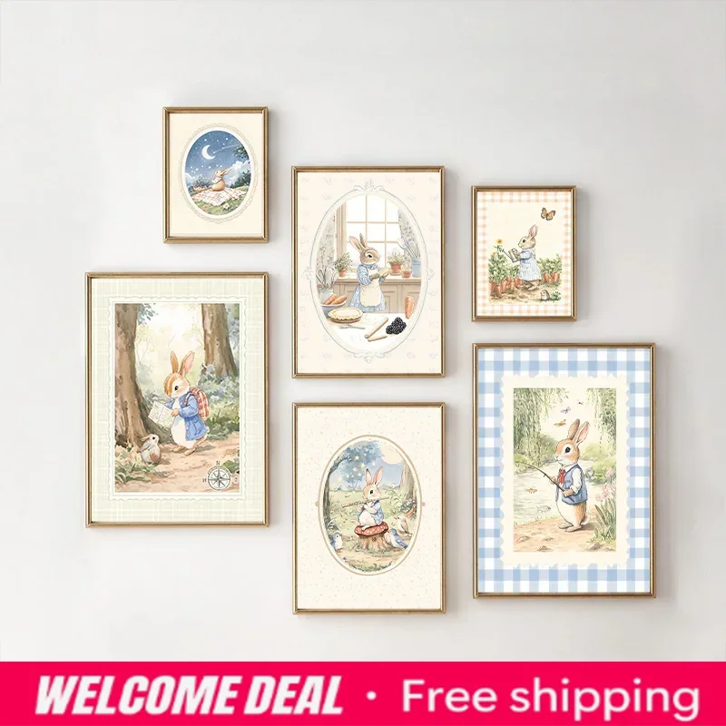 Baby Nursery Vintage - Vintage Boho Blaues Kariertes Kaninchen-Inspiriertes Kunstposter