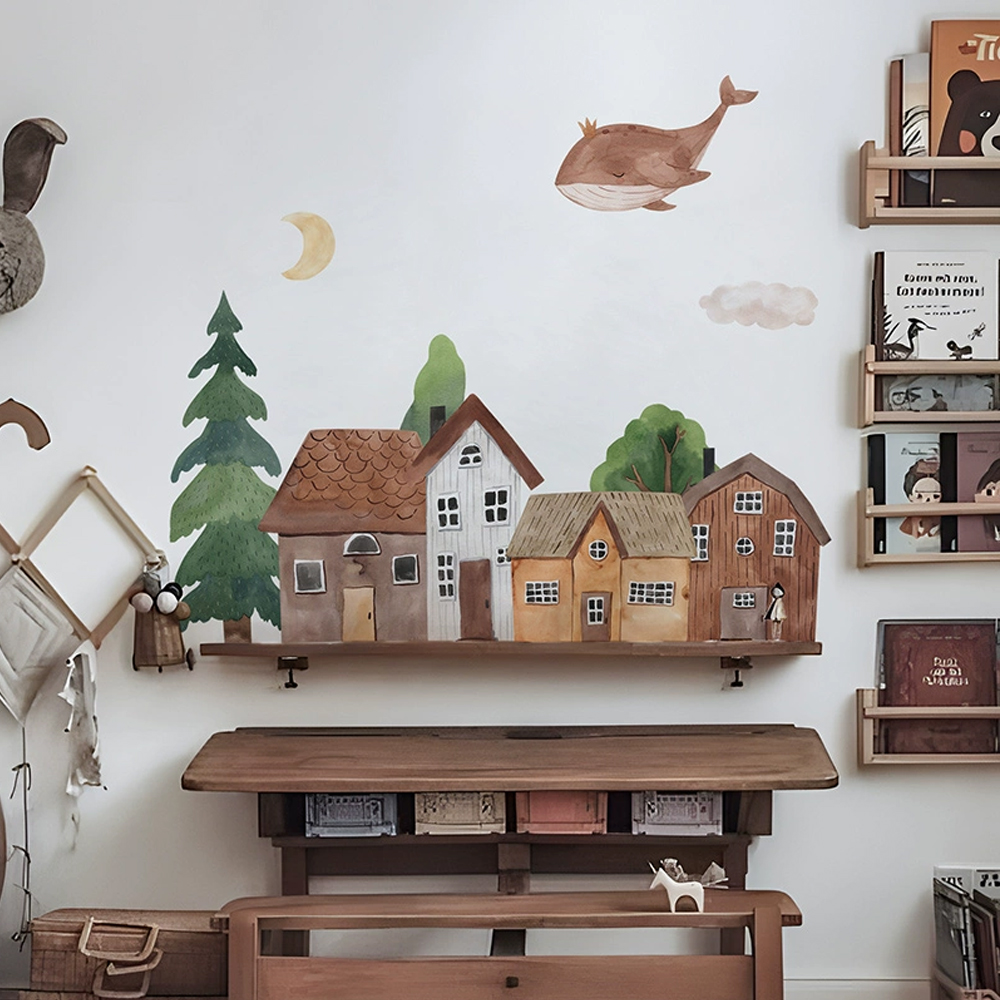 Baby Nursery Vintage - Stoff Cartoon Wald Vintage Stadt Wand